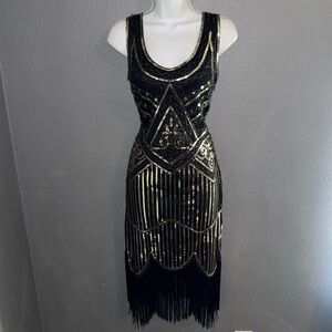 FUNDAISY Vintage Style Flapper Black & Gold Sequin Party Dress Womens Small